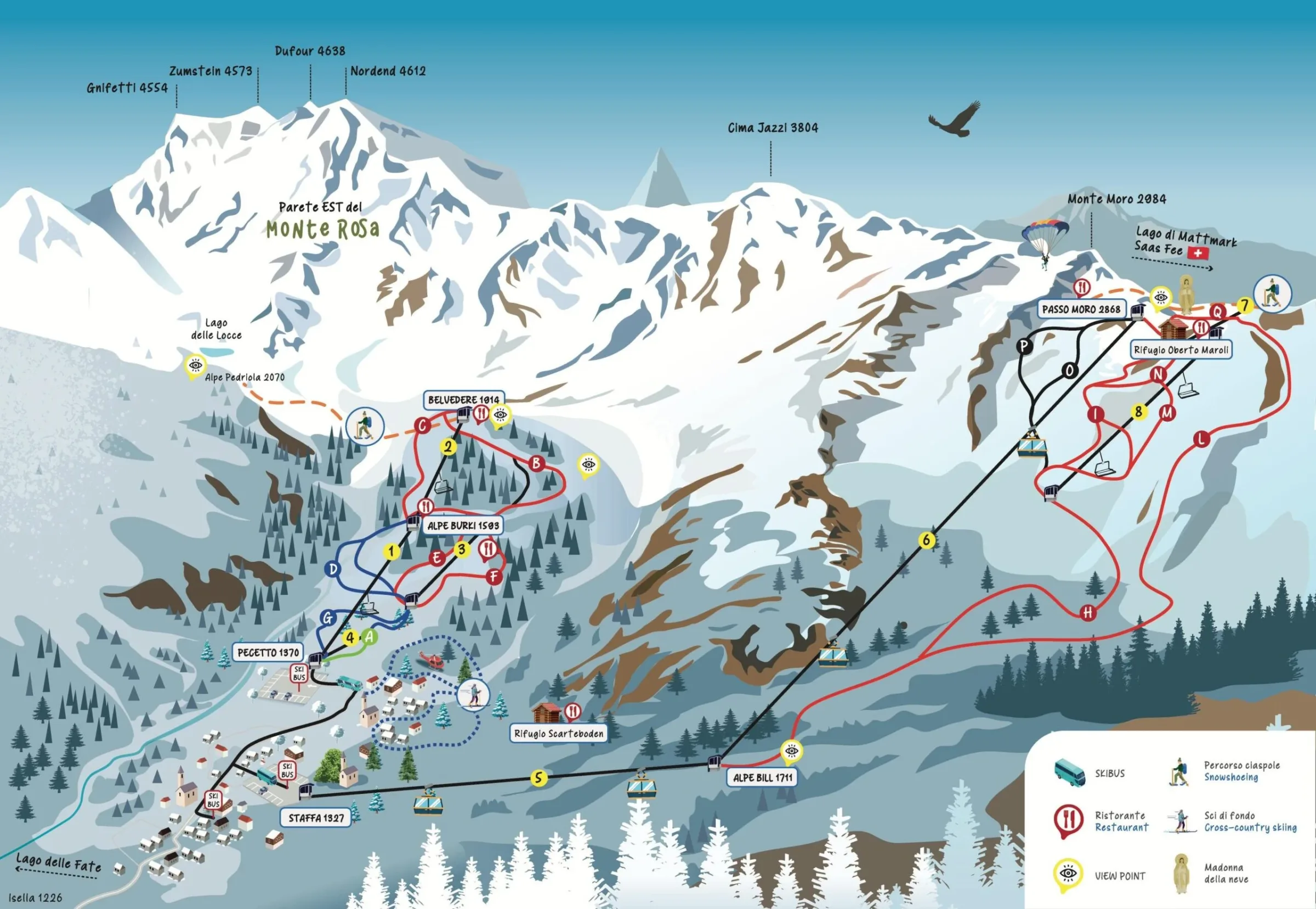 Pistenplan Macugnaga - Belvedere 2025/26 – Übersichtskarte mit Pisten, Liften und Bergbahnen