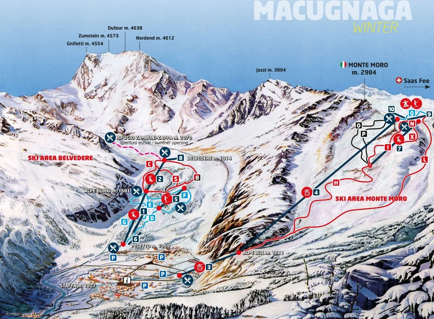Pistenplan Macugnaga - Moro 2025/26 – Übersichtskarte mit Pisten, Liften und Bergbahnen