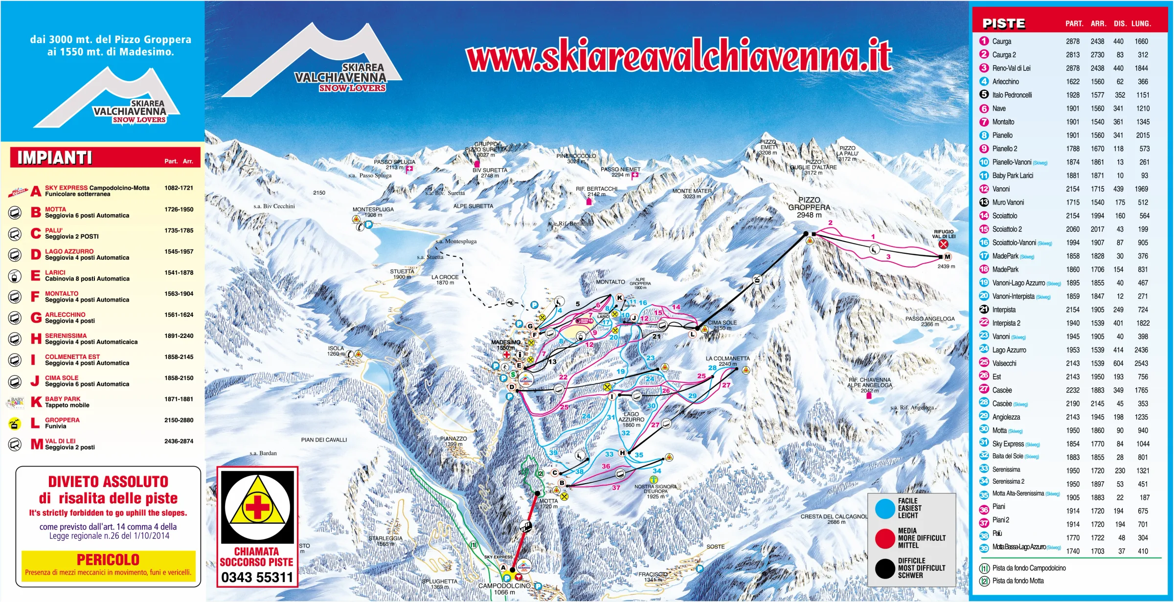 Pistenplan Madesimo (Valchiavenna) 2025/26 – Übersichtskarte mit Pisten, Liften und Bergbahnen