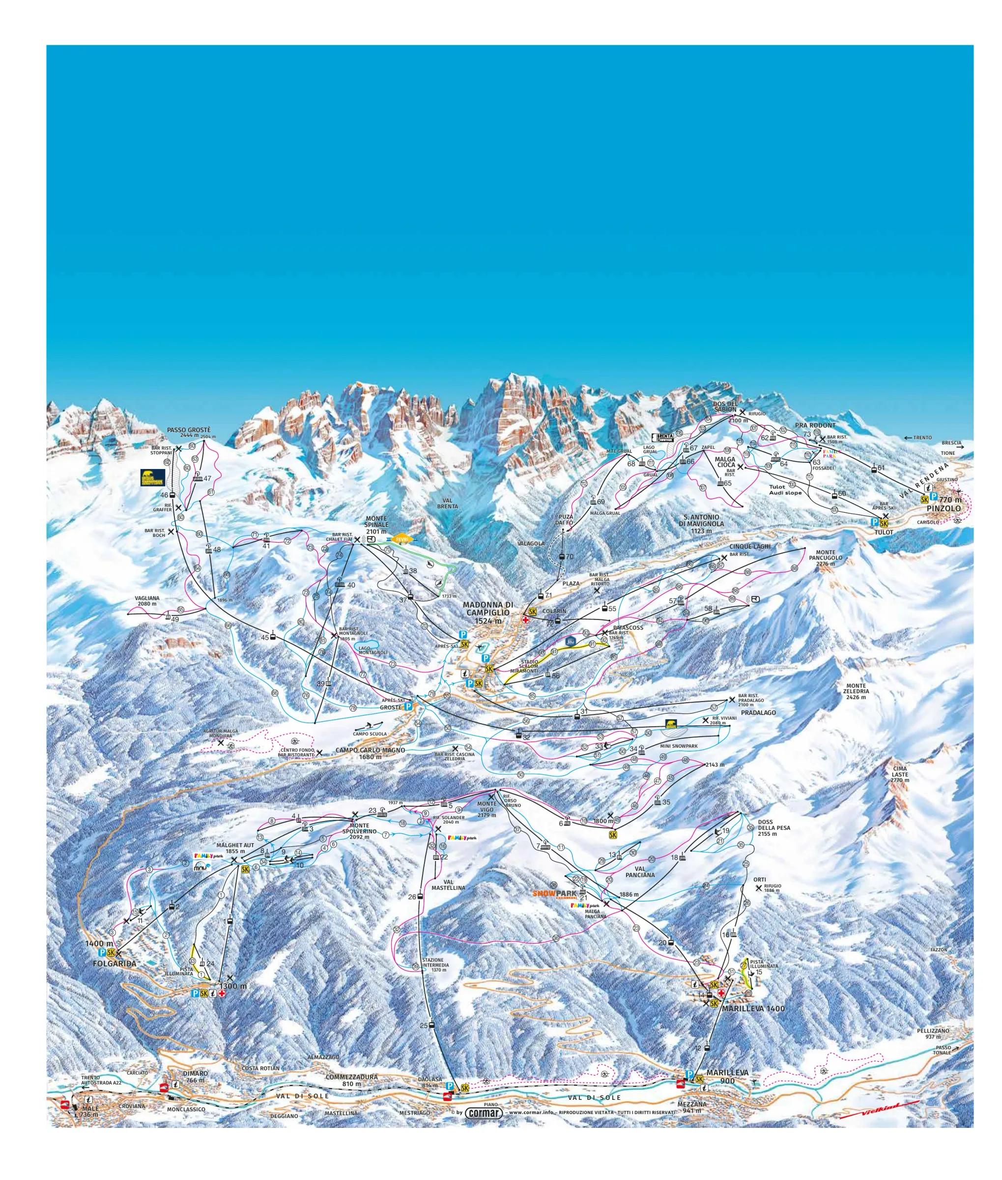 Pistenplan Madonna di Campiglio 2025/26 – Übersichtskarte mit Pisten, Liften und Bergbahnen