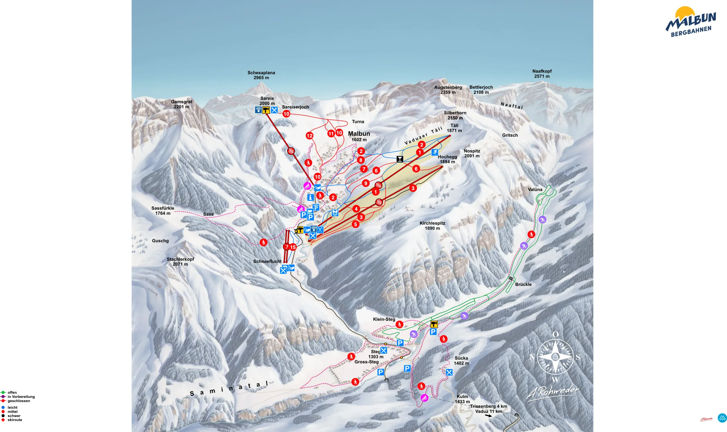 Pistenplan Malbun 2025/26 – Übersichtskarte mit Pisten, Liften und Bergbahnen