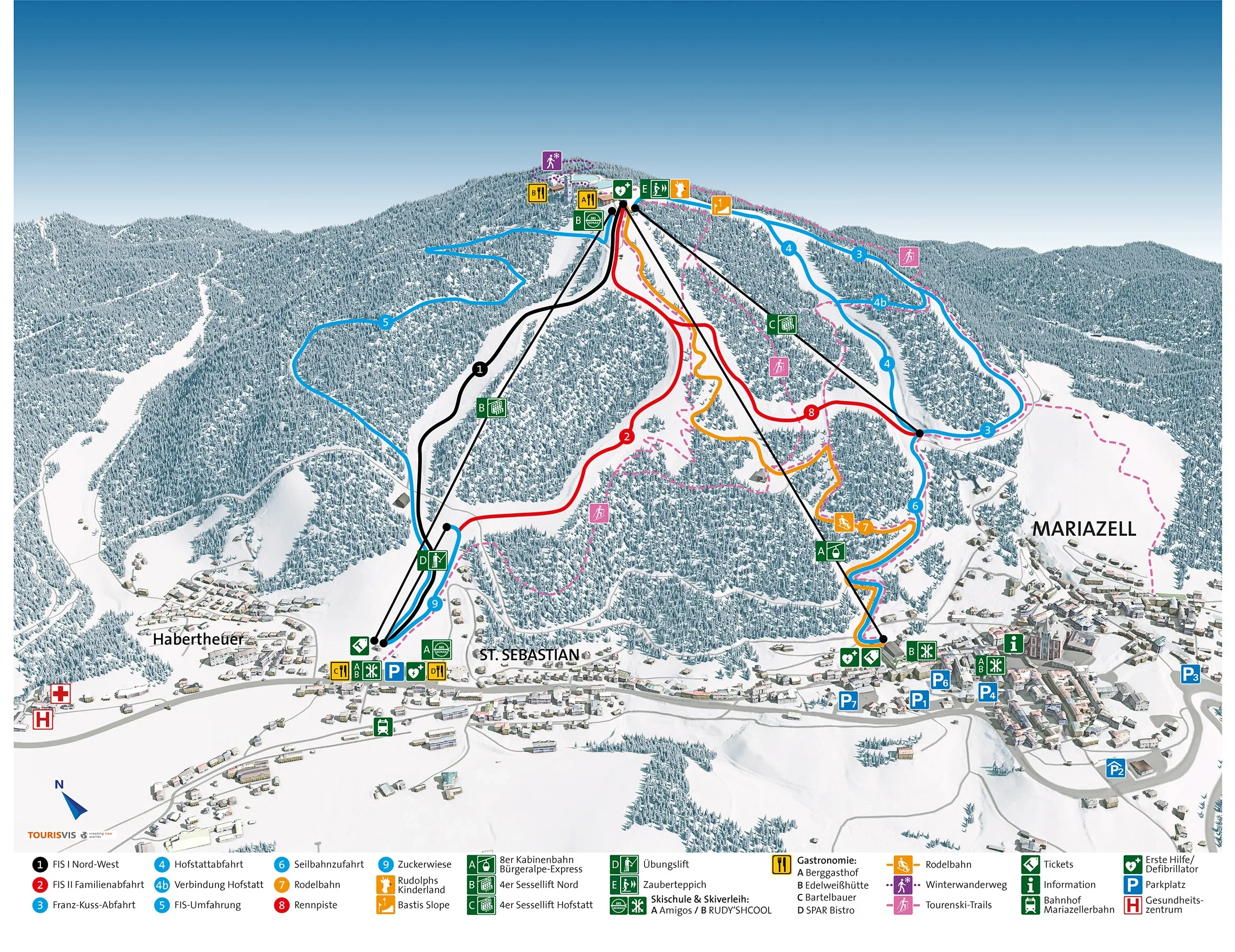 Pistenplan Bürgeralpe (Mariazell) 2025/26 – Übersichtskarte mit Pisten, Liften und Bergbahnen