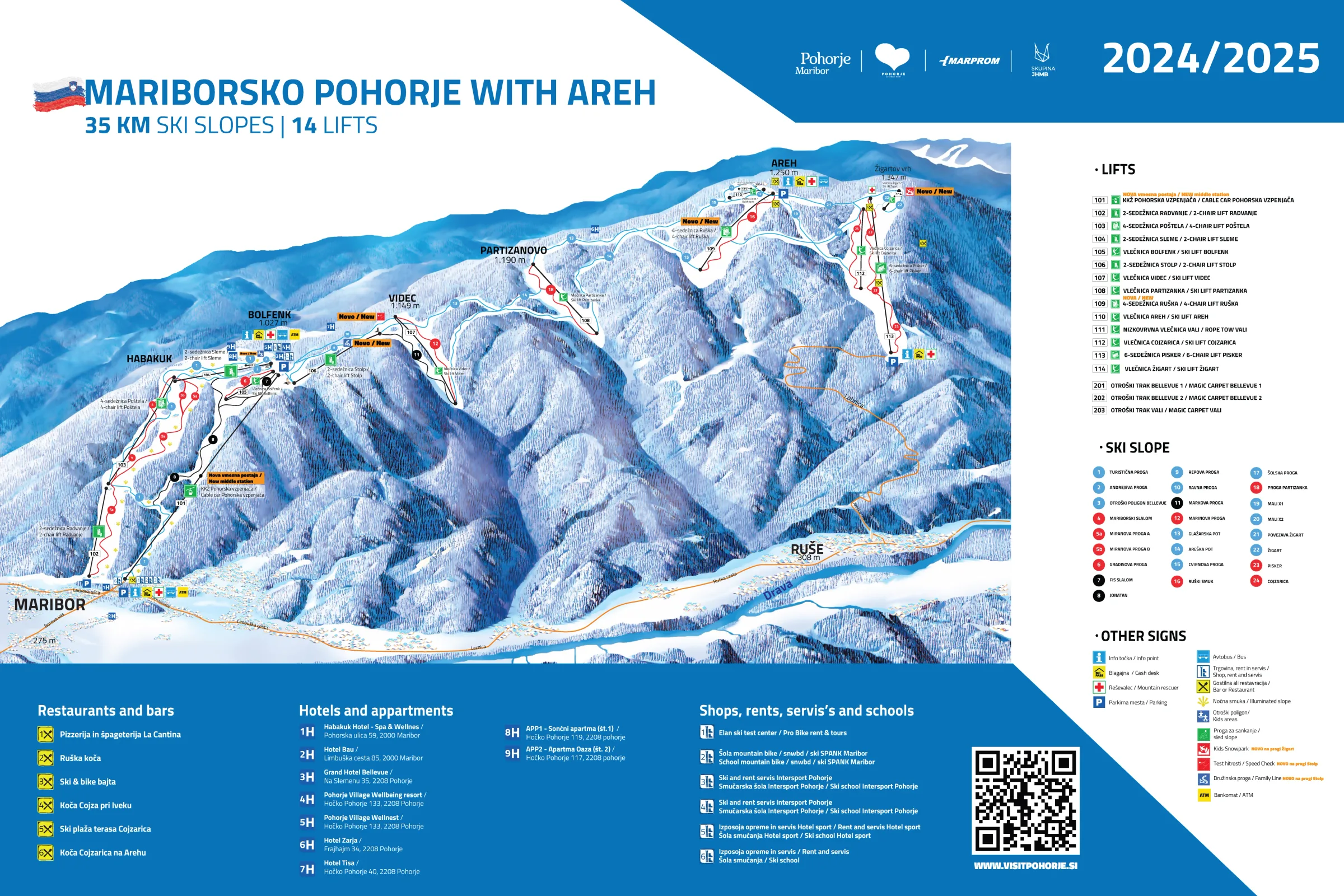 Pistenplan Mariborsko Pohorje 2025/26 – Übersichtskarte mit Pisten, Liften und Bergbahnen