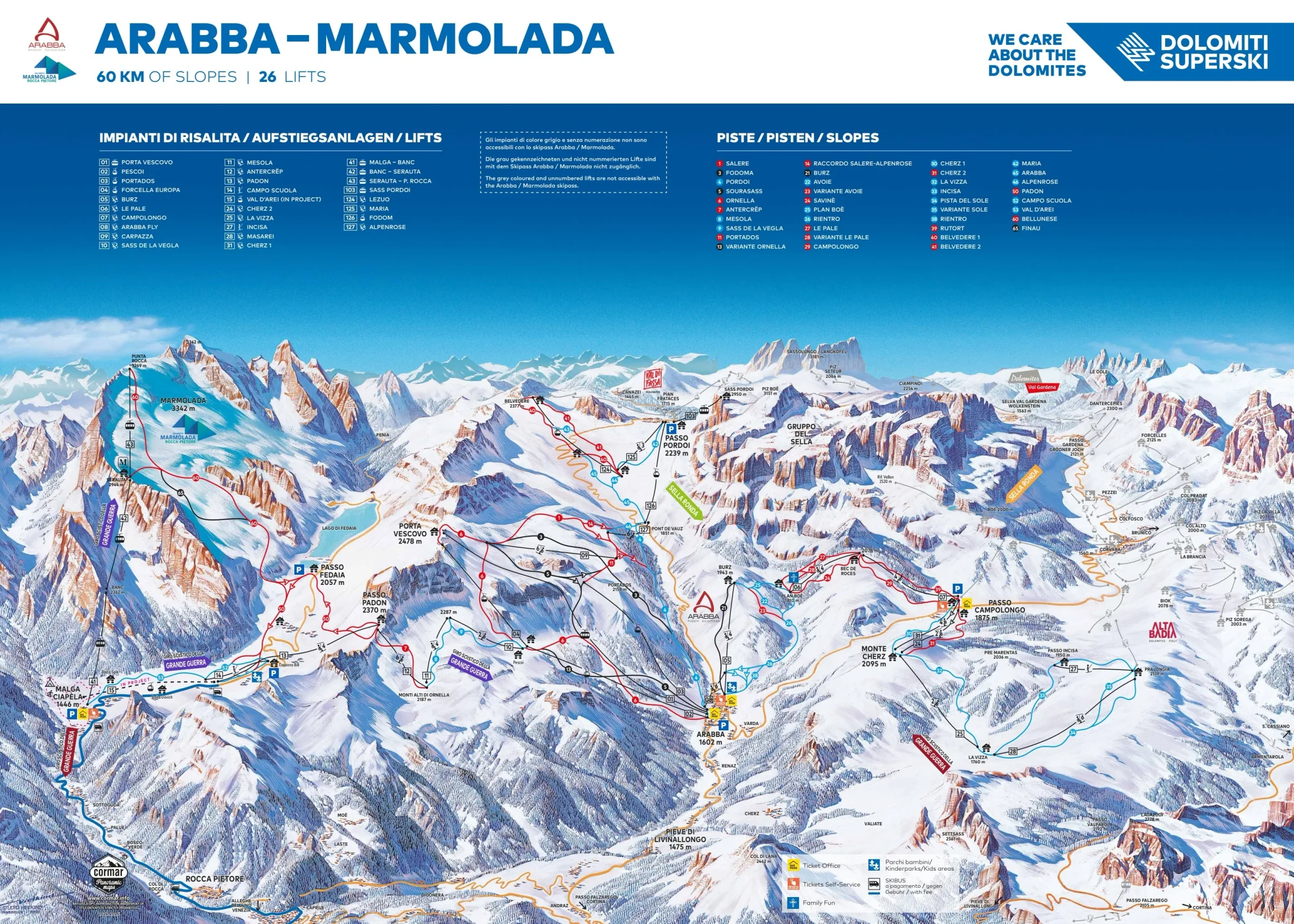 Pistenplan Marmolada 2025/26 – Übersichtskarte mit Pisten, Liften und Bergbahnen