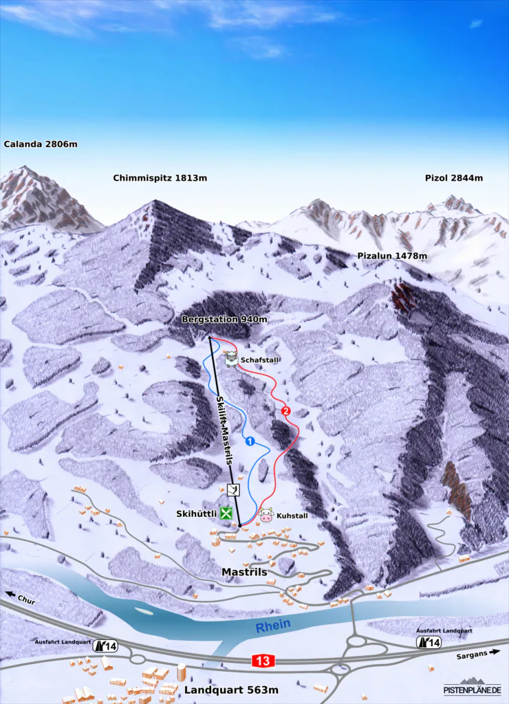 Pistenplan Mastrils 2025/26 – Übersichtskarte mit Pisten, Liften und Bergbahnen