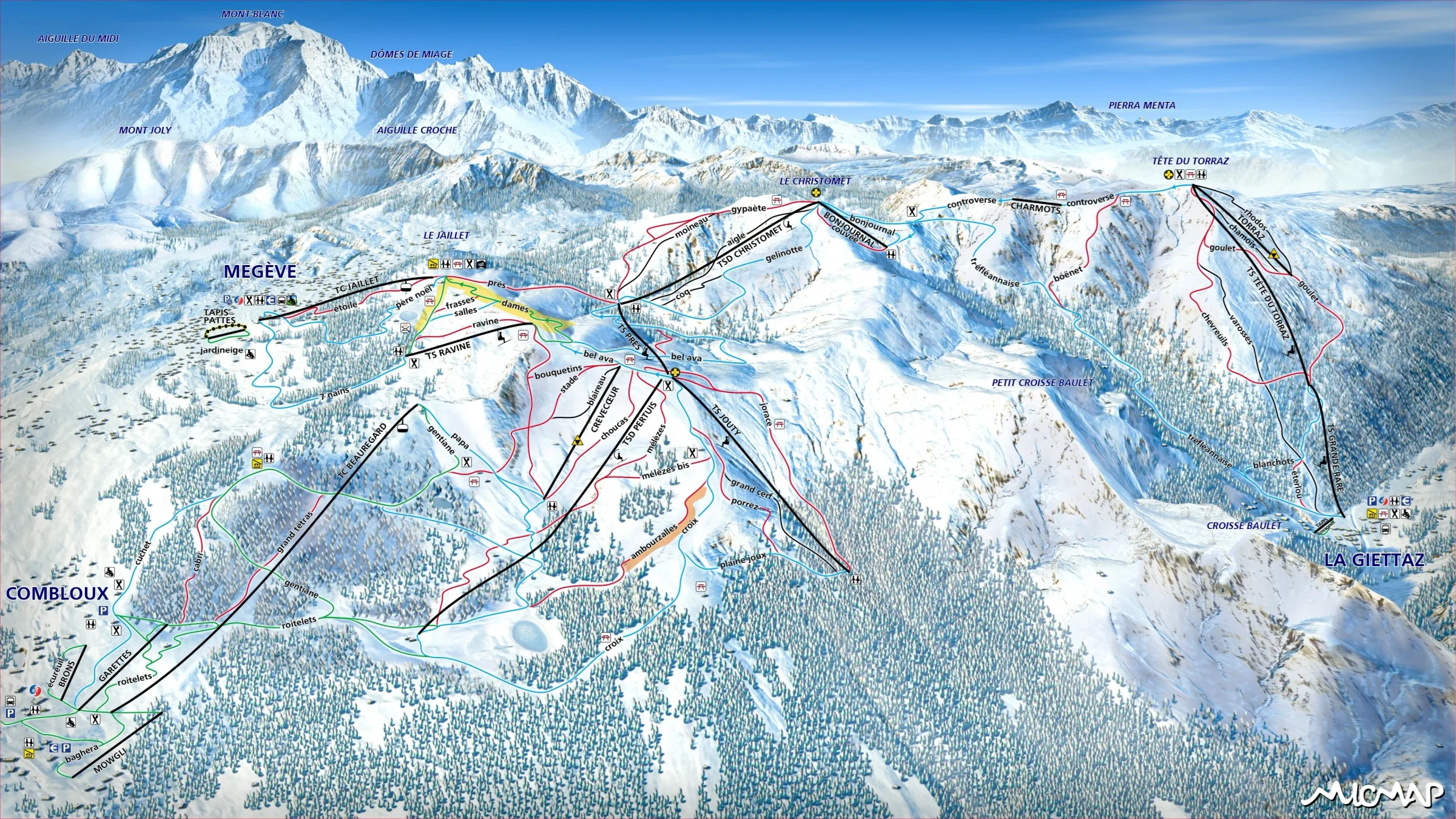 Pistenplan Megève 2025/26 – Übersichtskarte mit Pisten, Liften und Bergbahnen