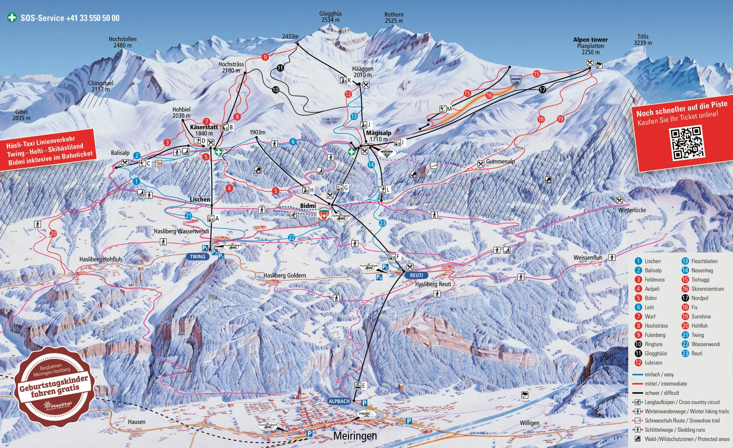 Pistenplan Meiringen – Hasliberg 2025/26 – Übersichtskarte mit Pisten, Liften und Bergbahnen