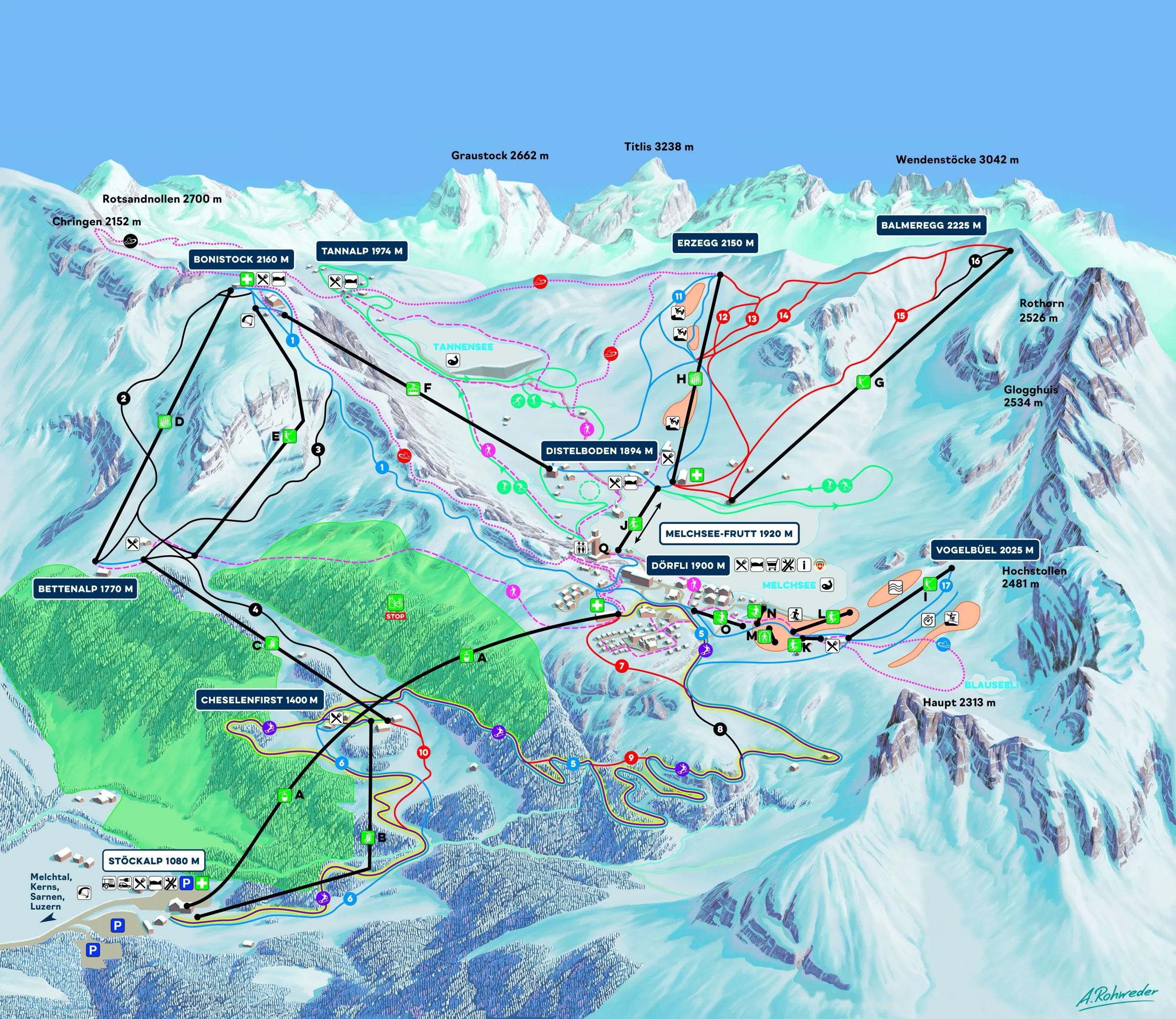 Pistenplan Melchsee-Frutt 2025/26 – Übersichtskarte mit Pisten, Liften und Bergbahnen