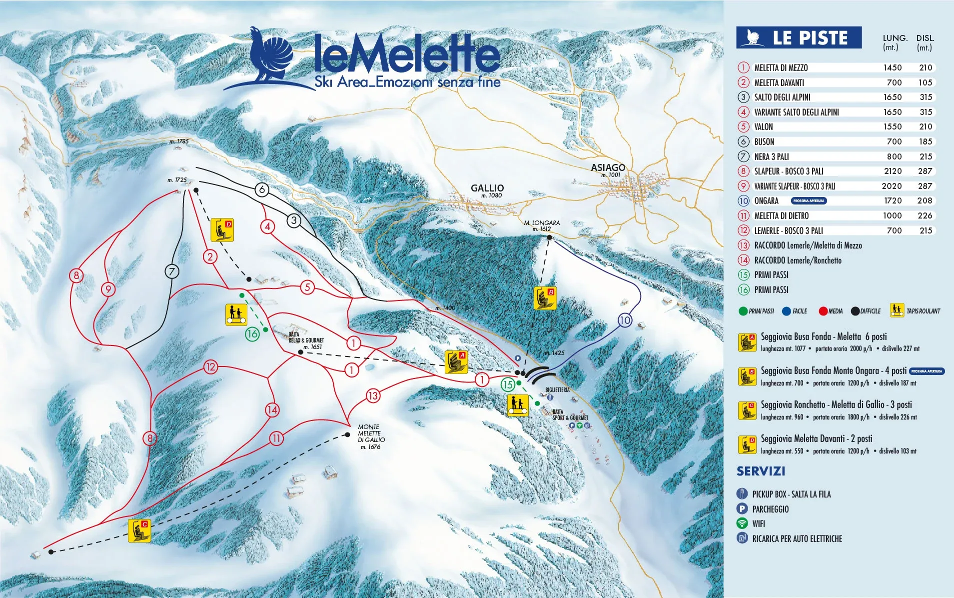 Pistenplan Melette (Asiago) 2025/26 – Übersichtskarte mit Pisten, Liften und Bergbahnen