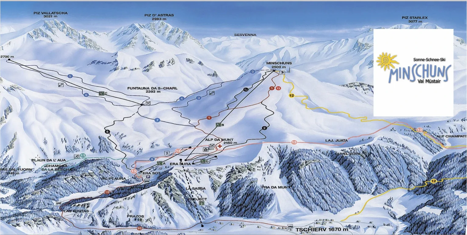 Pistenplan Minschuns (Val Müstair) 2025/26 – Übersichtskarte mit Pisten, Liften und Bergbahnen