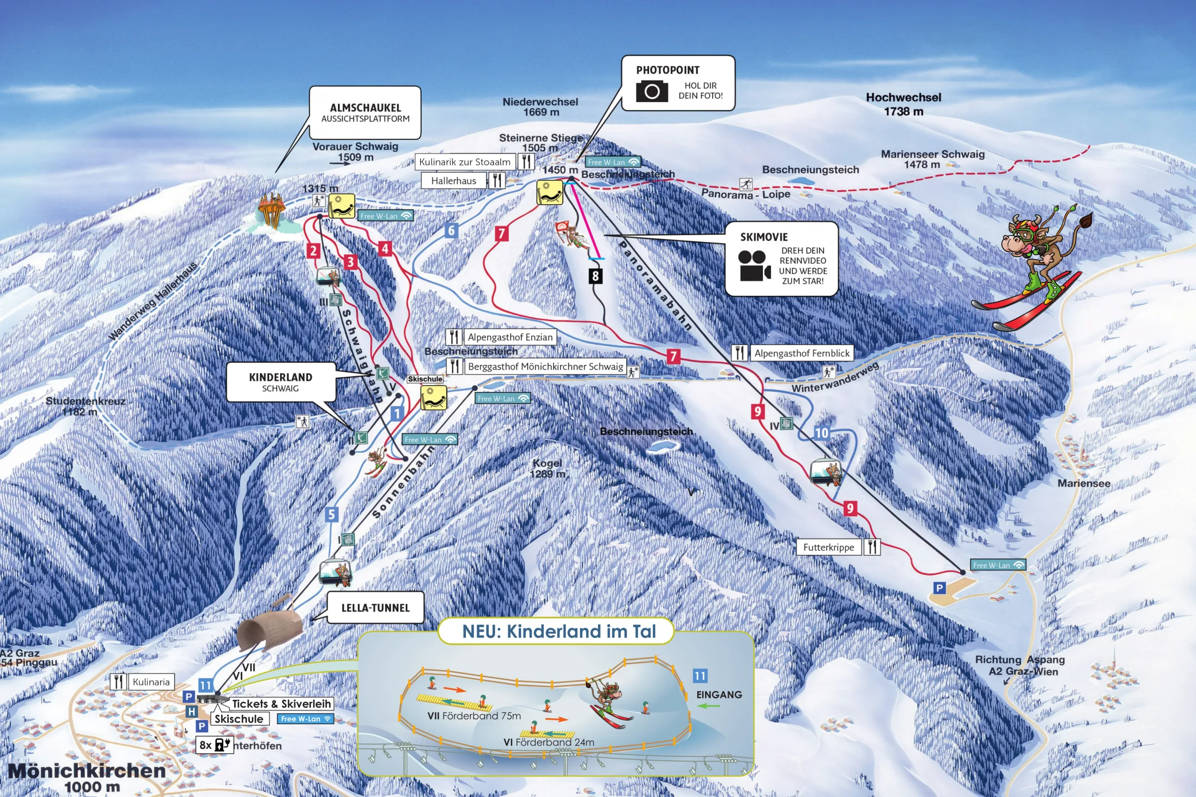 Pistenplan Mönichkirchen – Mariensee 2025/26 – Übersichtskarte mit Pisten, Liften und Bergbahnen