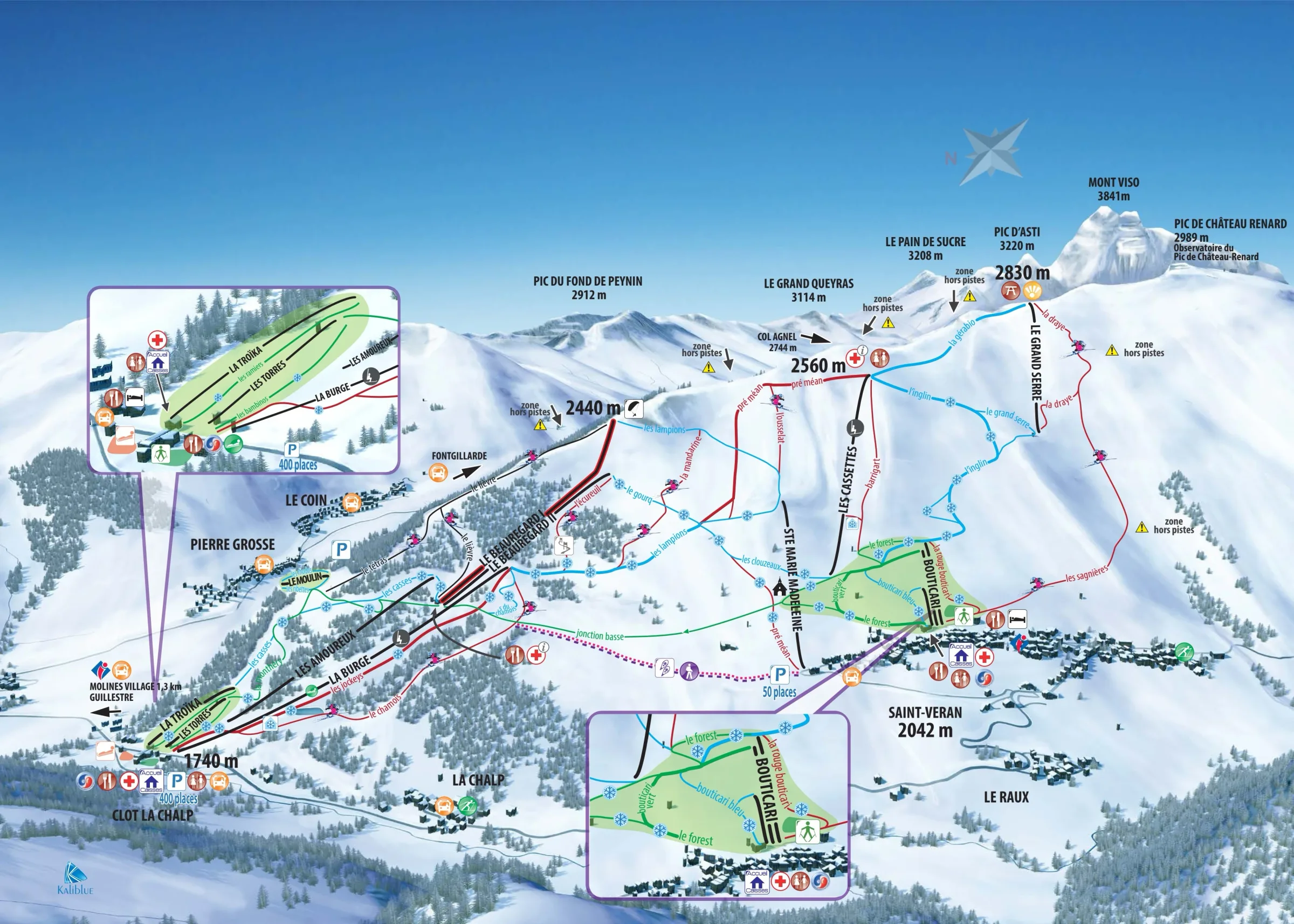 Pistenplan Molines-en-Queyras / Saint-Véran 2025/26 – Übersichtskarte mit Pisten, Liften und Bergbahnen