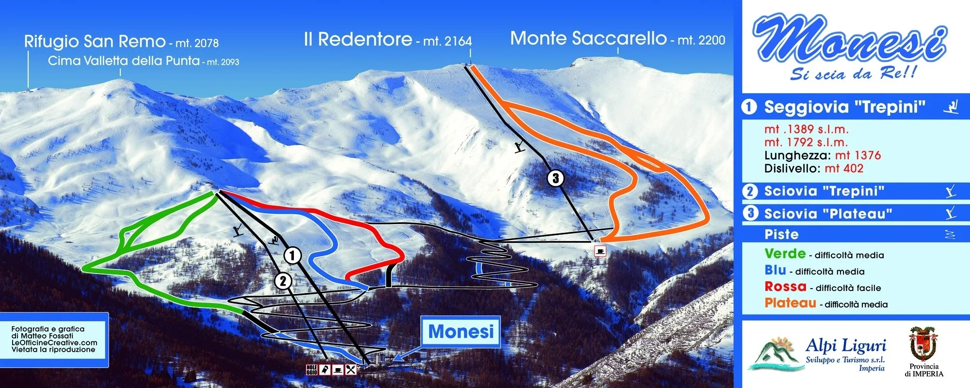 Pistenplan Monesi di Triora 2025/26 – Übersichtskarte mit Pisten, Liften und Bergbahnen