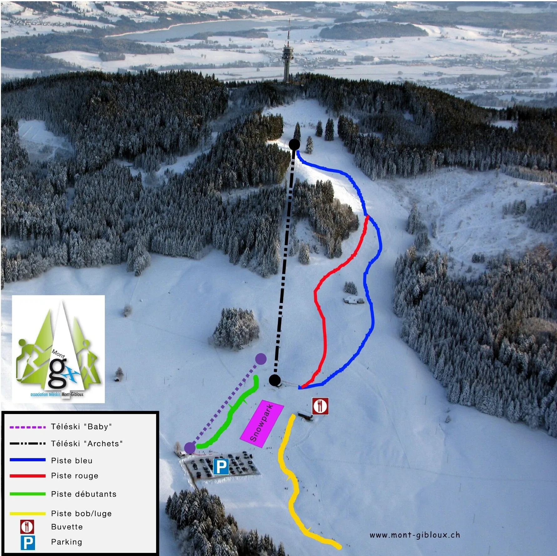 Pistenplan Mont-Gibloux 2025/26 – Übersichtskarte mit Pisten, Liften und Bergbahnen