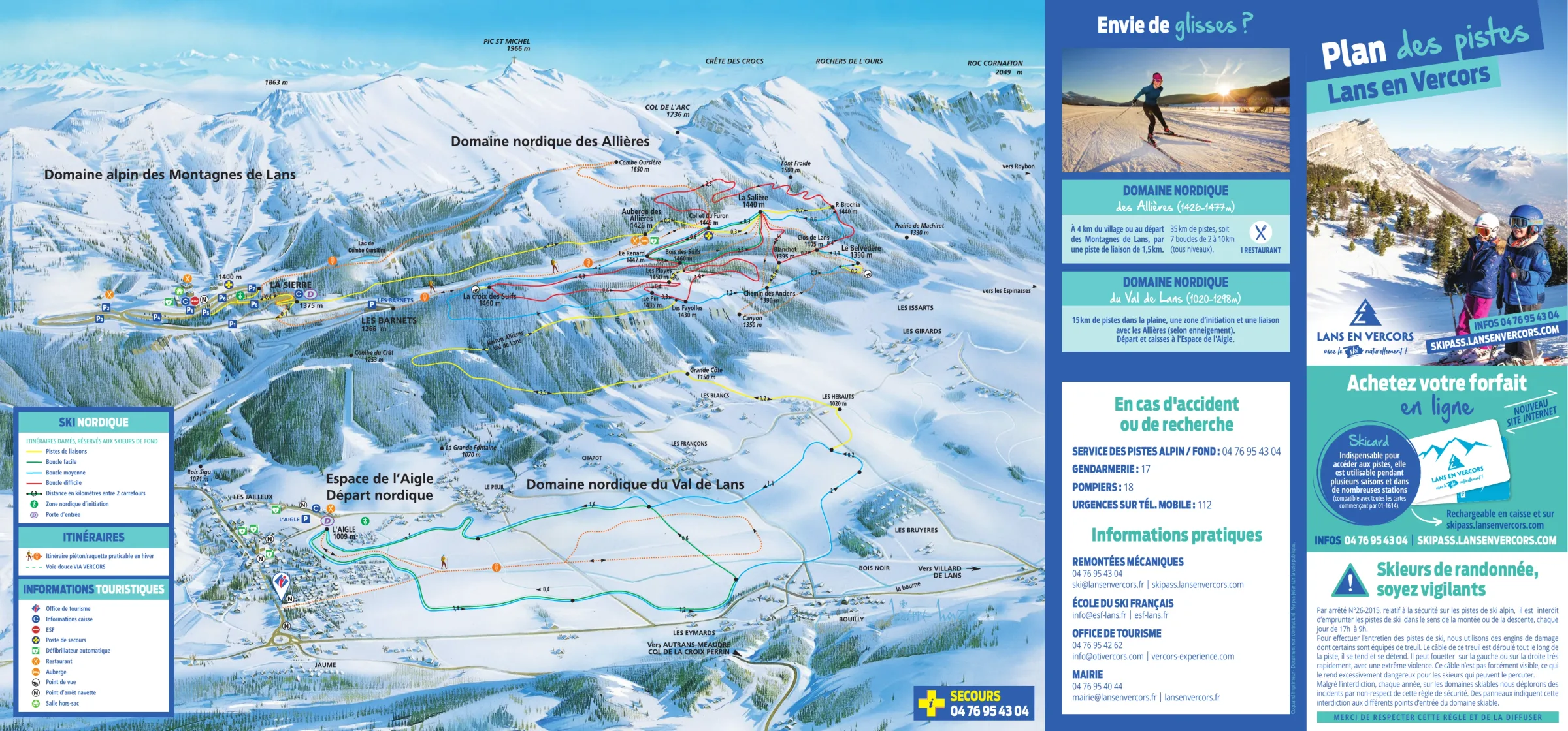 Pistenplan Montagnes de Lans 2025/26 – Übersichtskarte mit Pisten, Liften und Bergbahnen