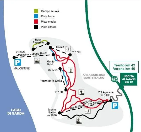Pistenplan Monte Baldo – Prà Alpesina 2025/26 – Übersichtskarte mit Pisten, Liften und Bergbahnen