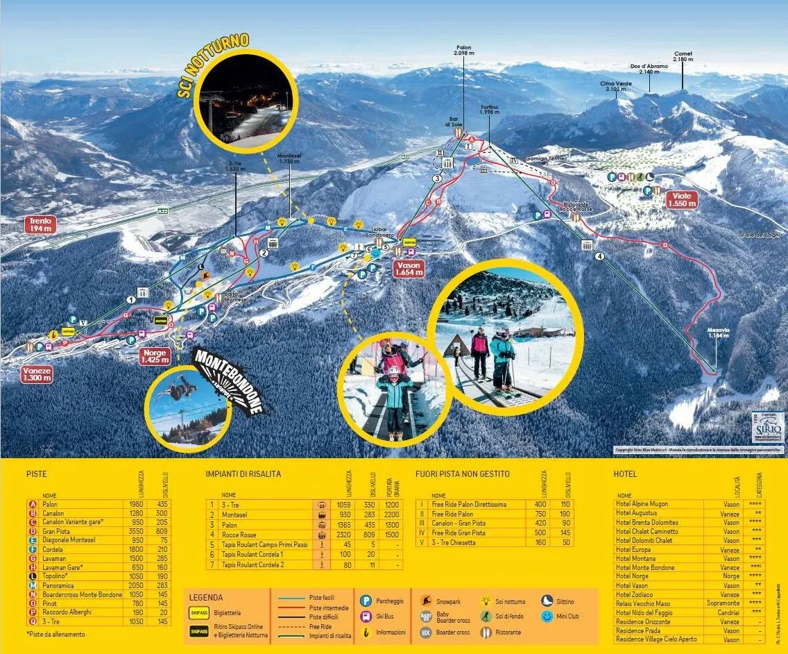Pistenplan Monte Bondone 2025/26 – Übersichtskarte mit Pisten, Liften und Bergbahnen