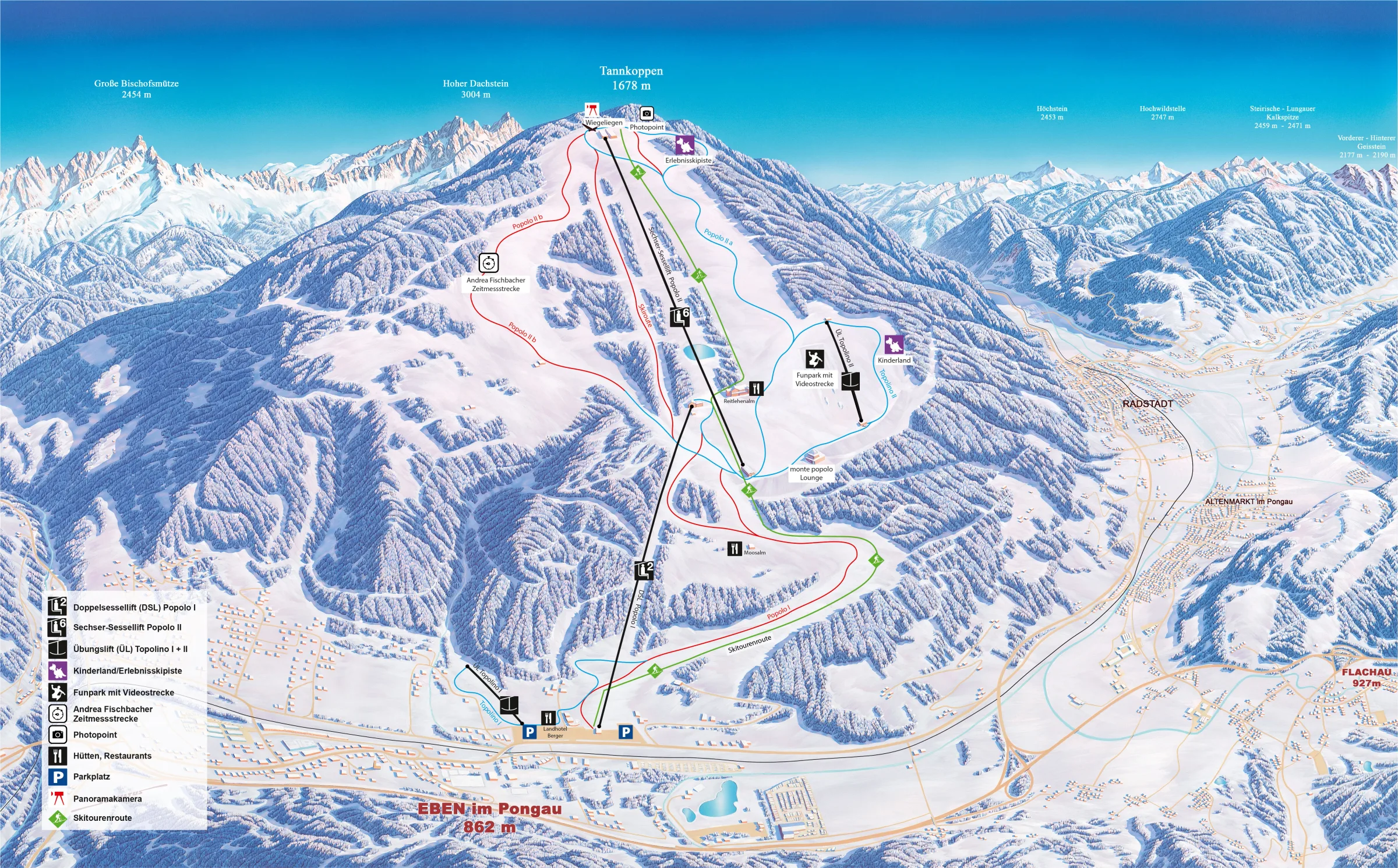 Pistenplan Monte Popolo (Eben im Pongau) 2025/26 – Übersichtskarte mit Pisten, Liften und Bergbahnen