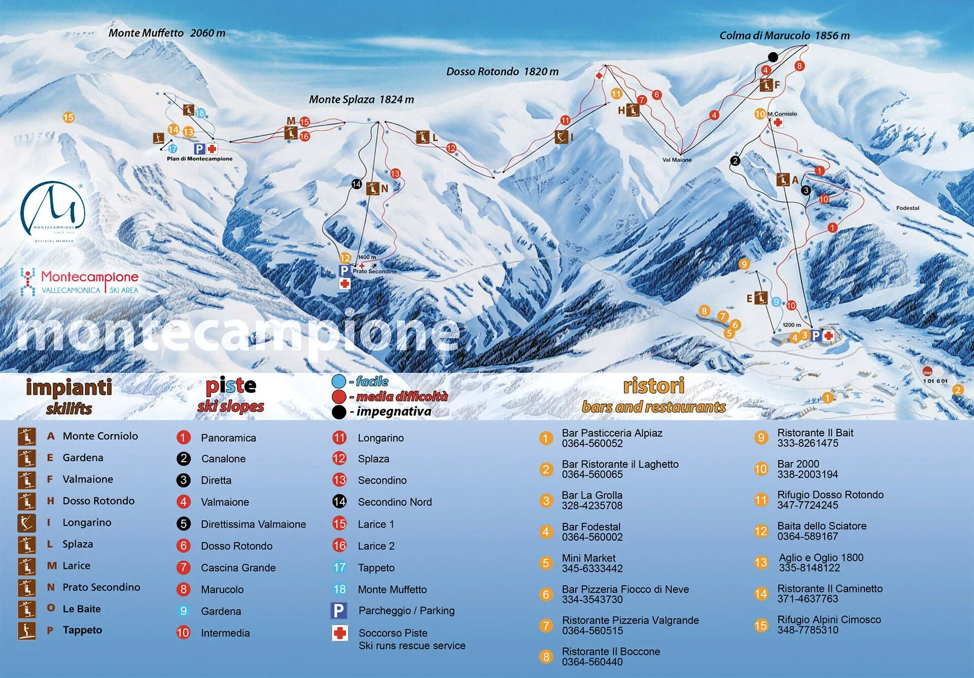 Pistenplan Montecampione 2025/26 – Übersichtskarte mit Pisten, Liften und Bergbahnen