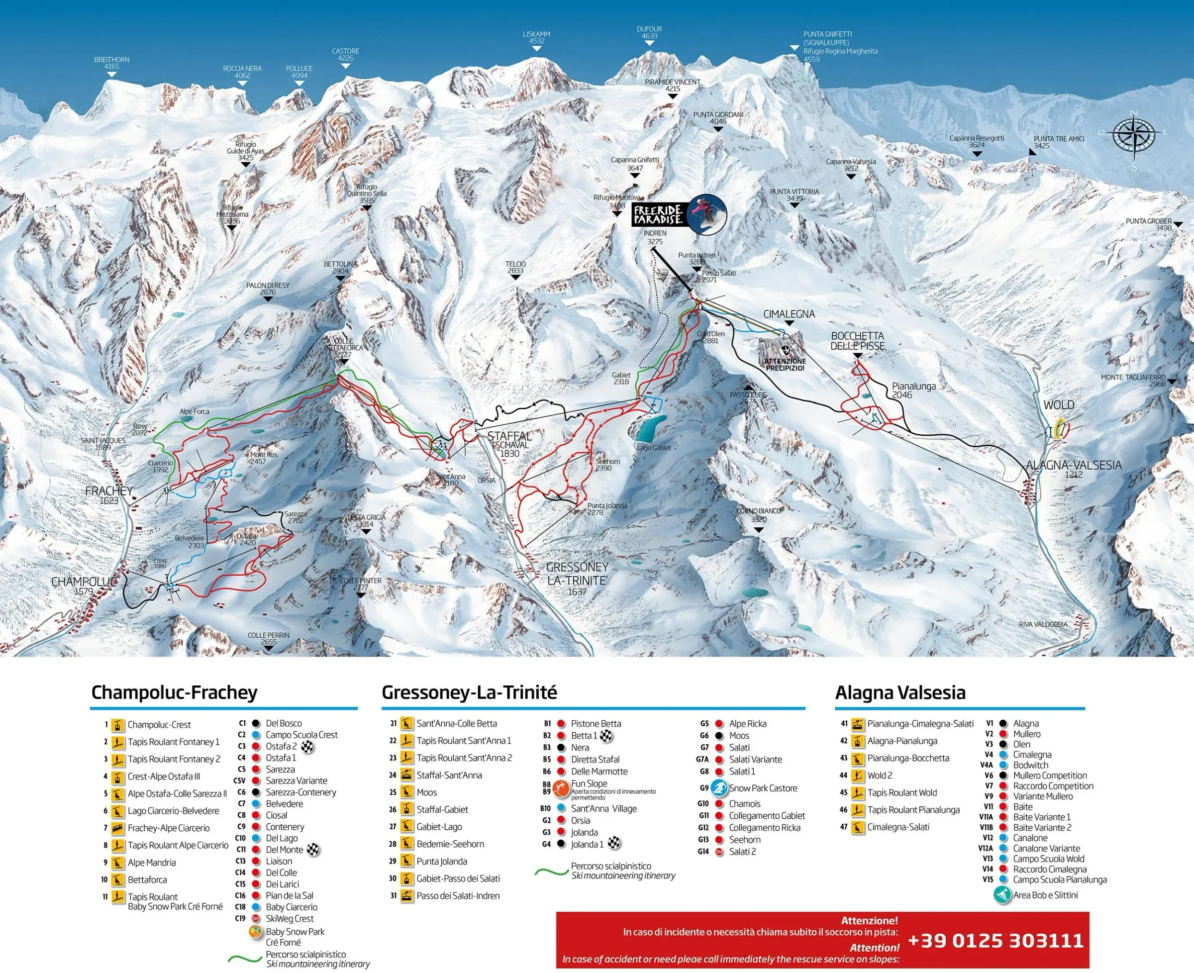 Pistenplan Monterosa Ski 2025/26 – Übersichtskarte mit Pisten, Liften und Bergbahnen