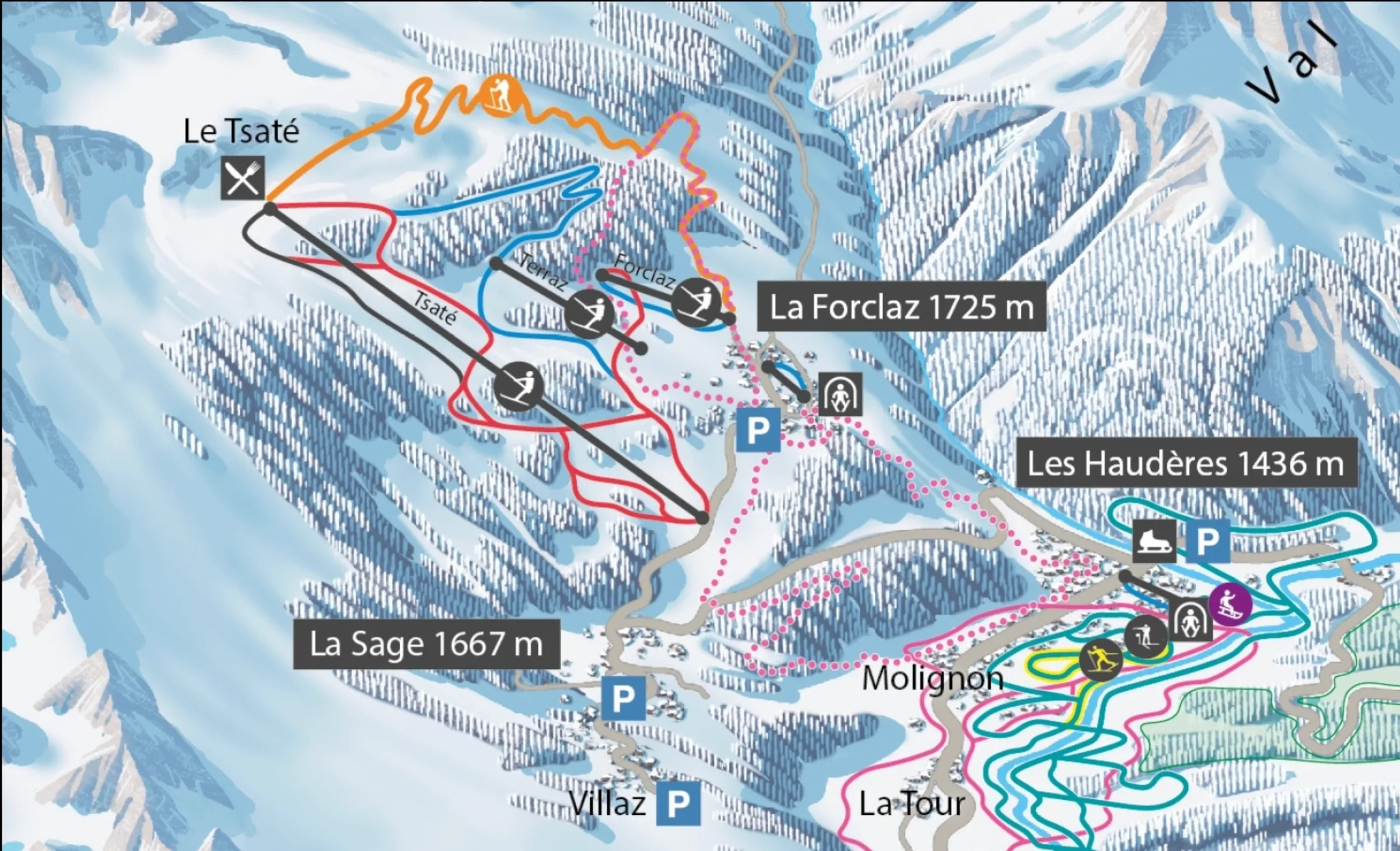 Pistenplan Montmin - Col de la Forclaz 2025/26 – Übersichtskarte mit Pisten, Liften und Bergbahnen