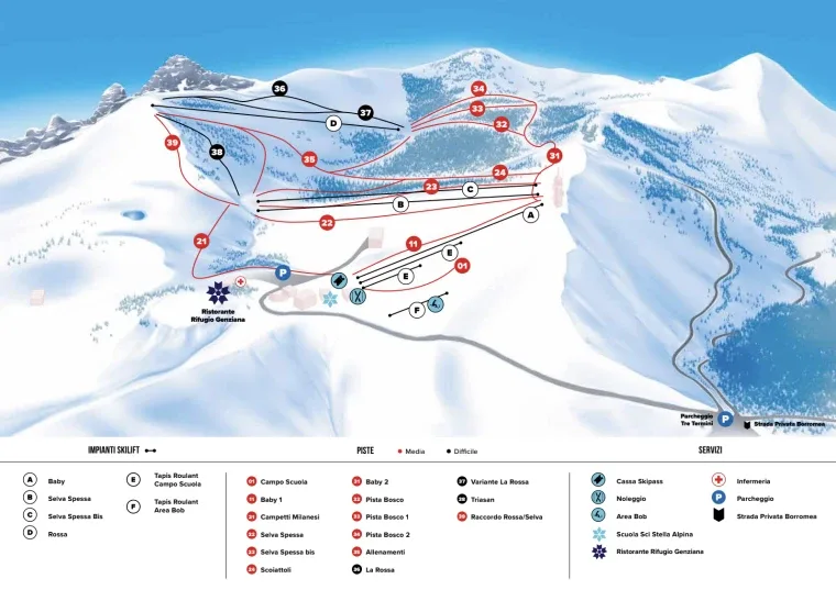 Pistenplan Mottarone 2025/26 – Übersichtskarte mit Pisten, Liften und Bergbahnen