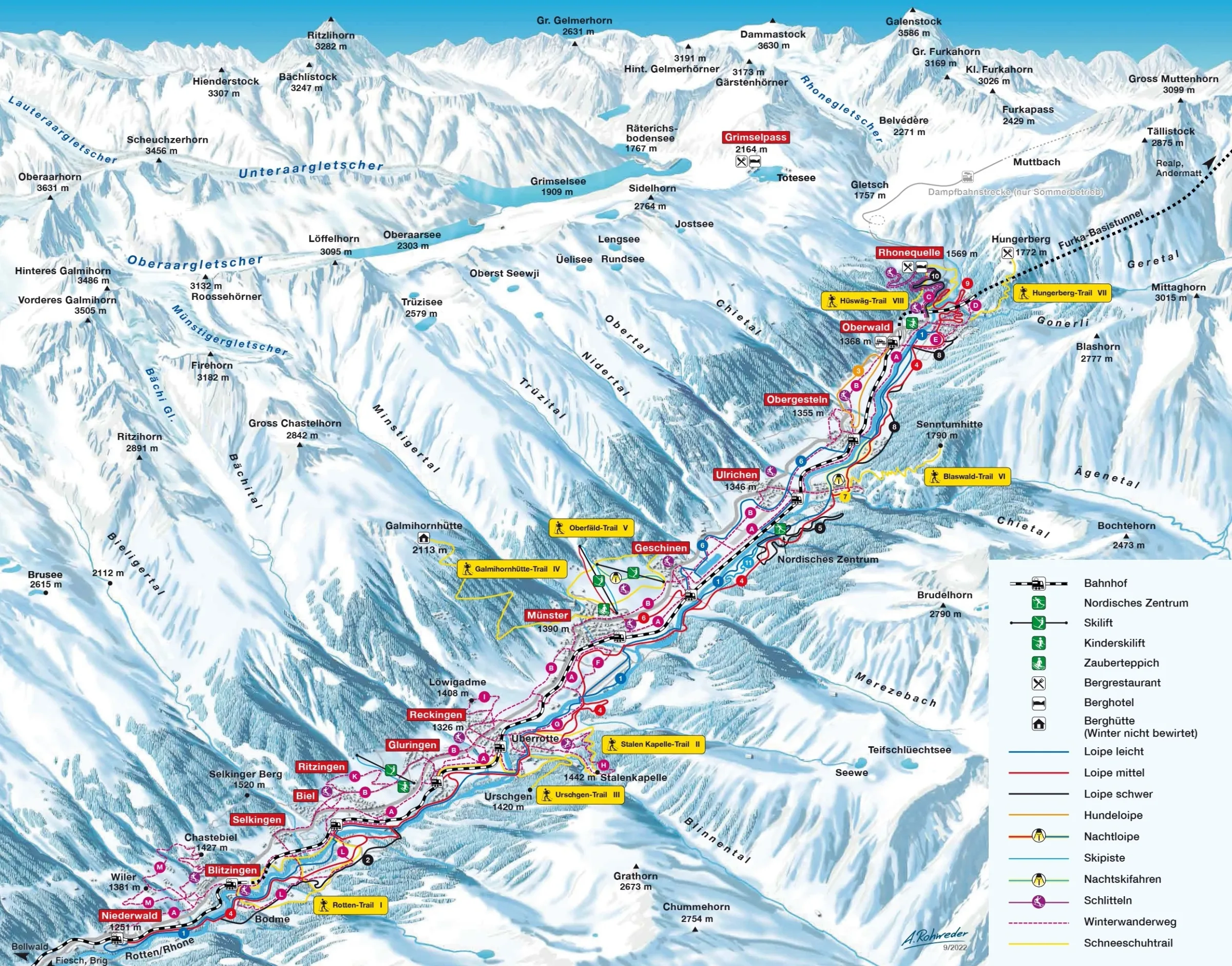 Pistenplan Münster-Geschinen 2025/26 – Übersichtskarte mit Pisten, Liften und Bergbahnen