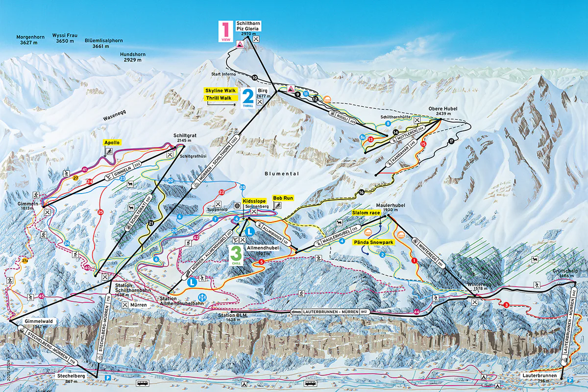 Pistenplan Mürren – Schilthorn 2025/26 – Übersichtskarte mit Pisten, Liften und Bergbahnen