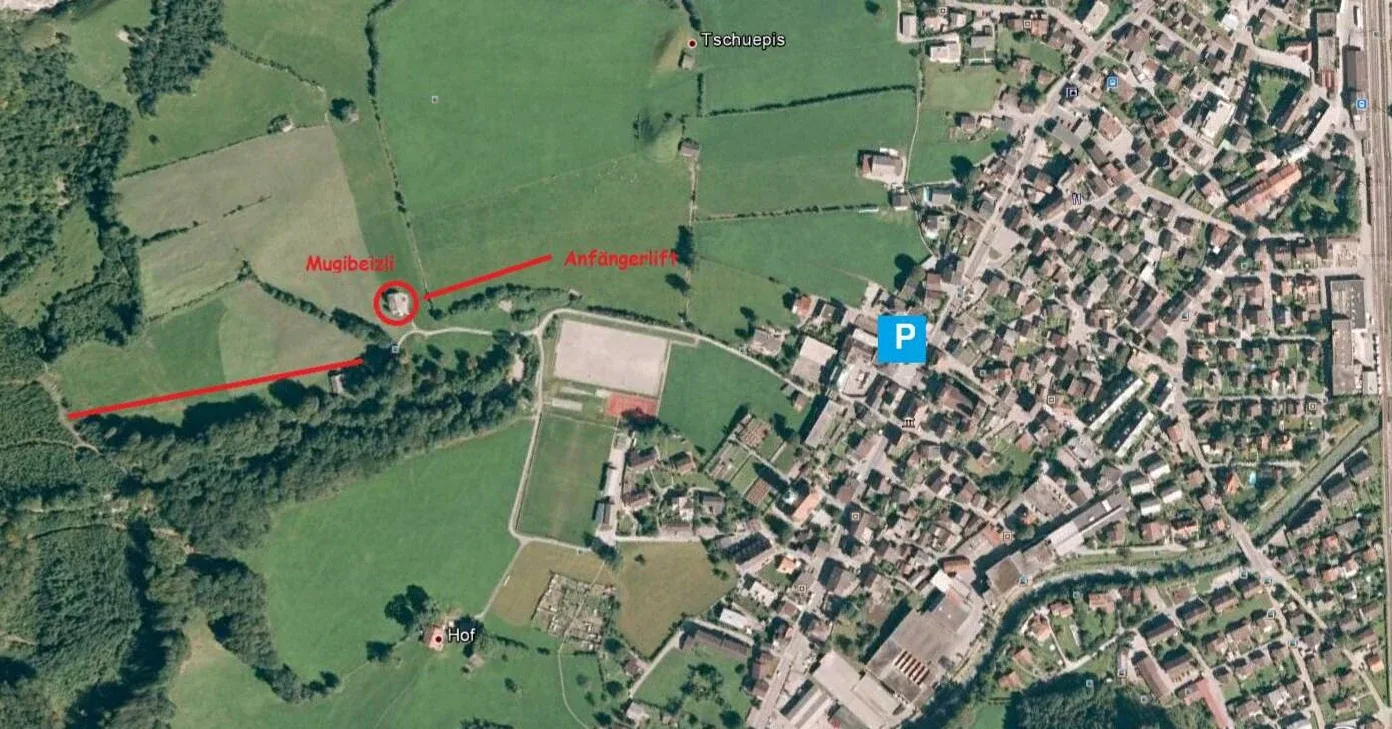 Pistenplan Mugi (Netstal) 2025/26 – Übersichtskarte mit Pisten, Liften und Bergbahnen