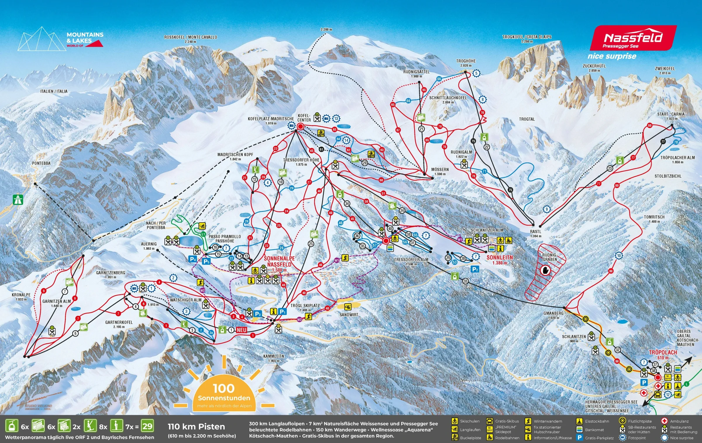 Pistenplan Nassfeld 2025/26 – Übersichtskarte mit Pisten, Liften und Bergbahnen