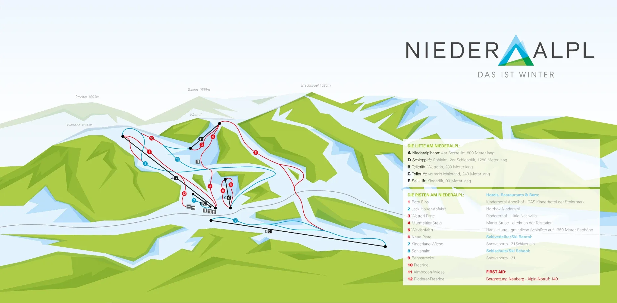 Pistenplan Niederalpl (Mürzsteg) 2025/26 – Übersichtskarte mit Pisten, Liften und Bergbahnen