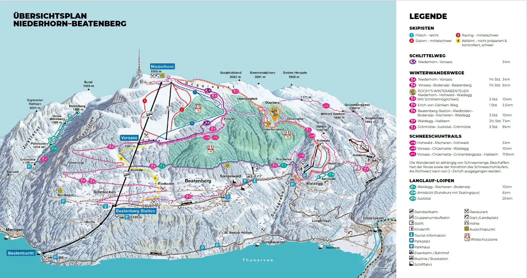 Pistenplan Niederhorn (Beatenberg) 2025/26 – Übersichtskarte mit Pisten, Liften und Bergbahnen