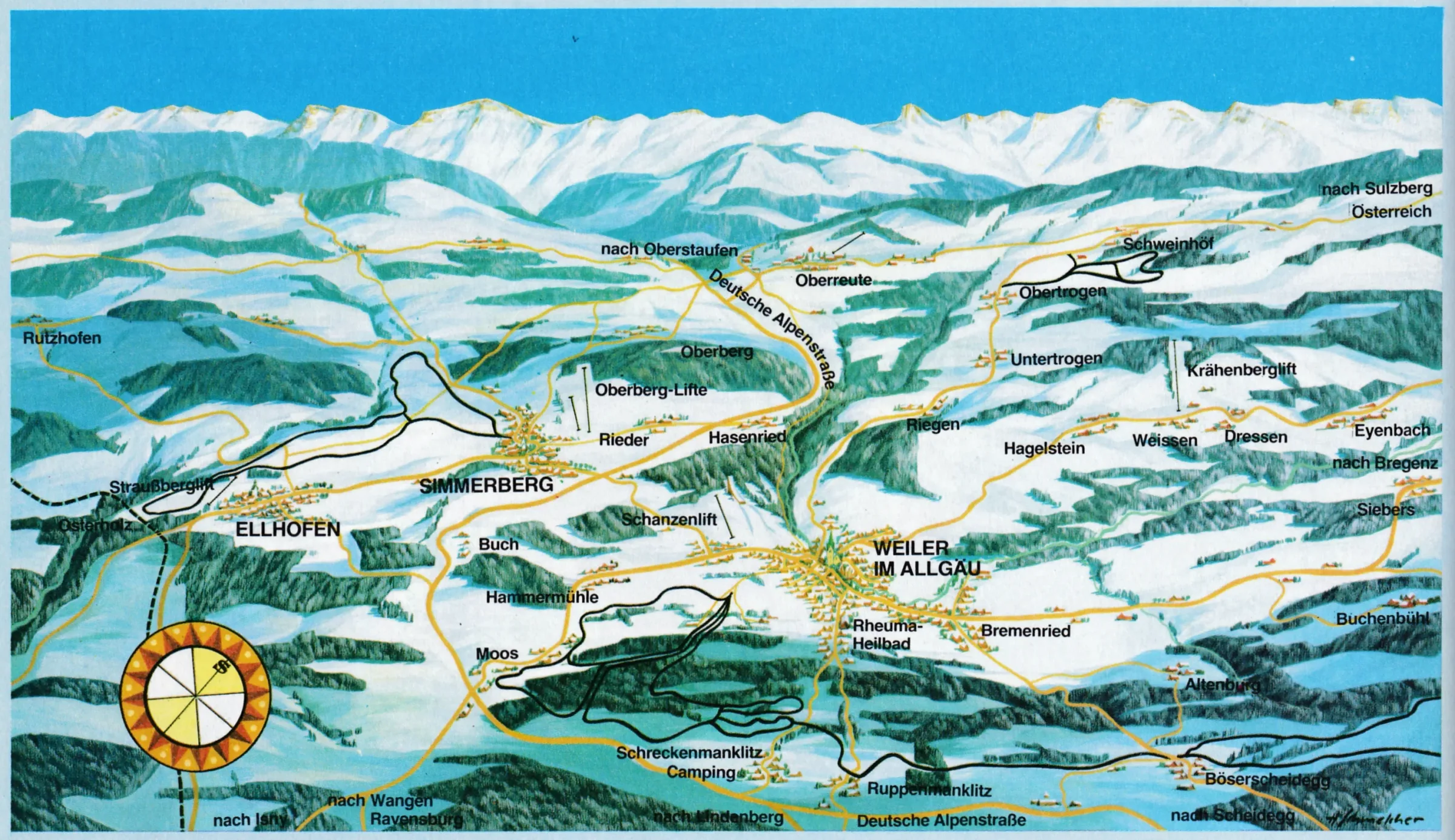 Pistenplan Oberberglifte (Weiler-Simmerberg) 2025/26 – Übersichtskarte mit Pisten, Liften und Bergbahnen