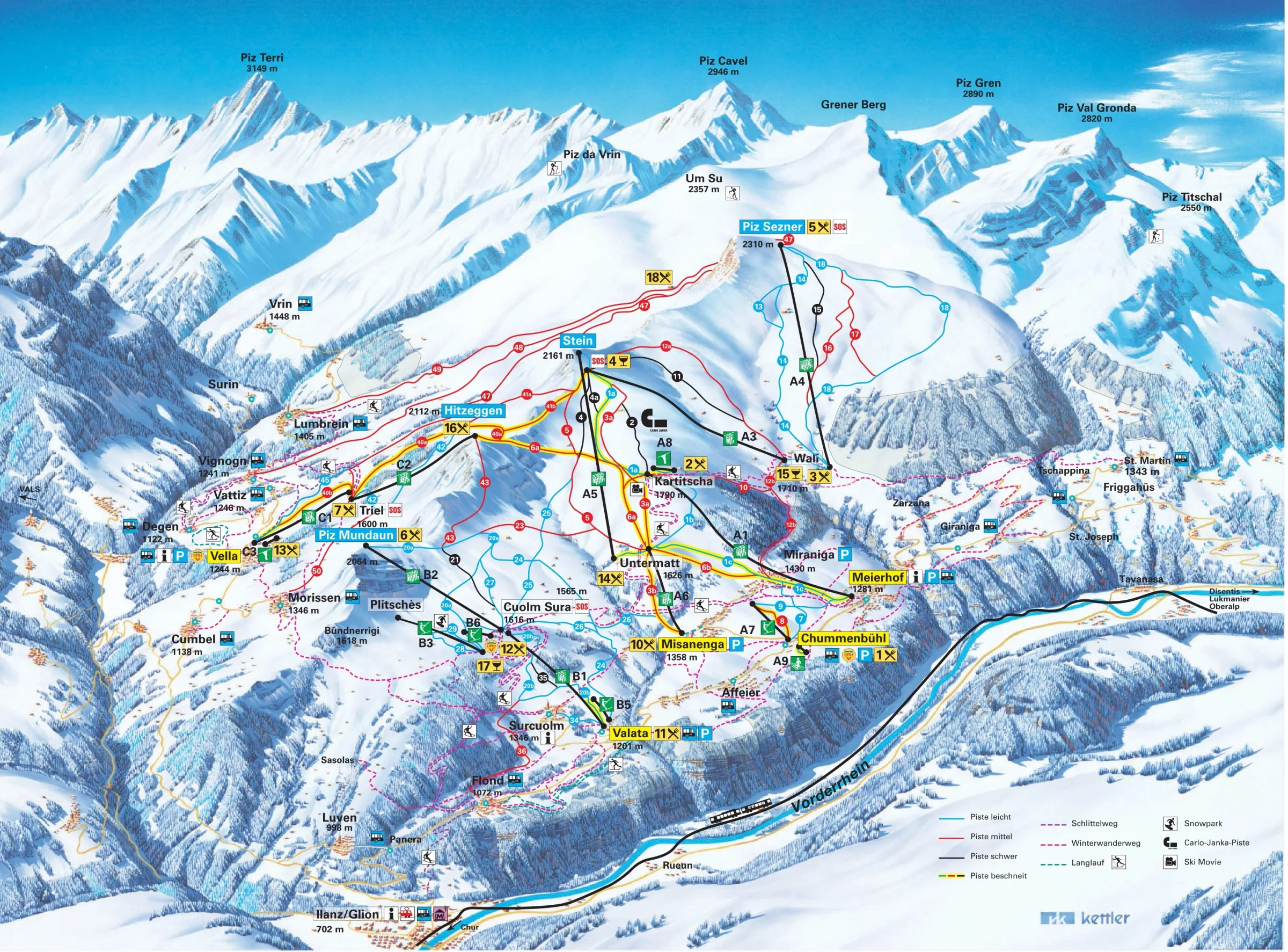 Pistenplan Obersaxen Mundaun 2025/26 – Übersichtskarte mit Pisten, Liften und Bergbahnen