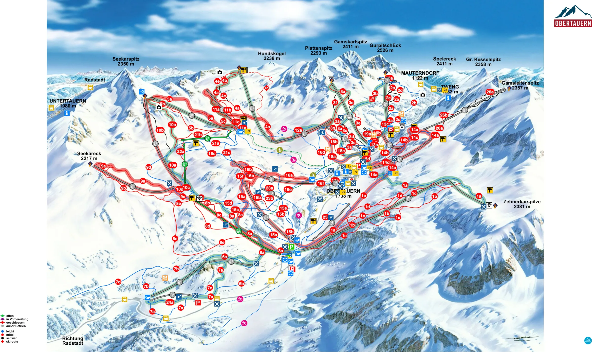 Pistenplan Obertauern 2025/26 – Übersichtskarte mit Pisten, Liften und Bergbahnen