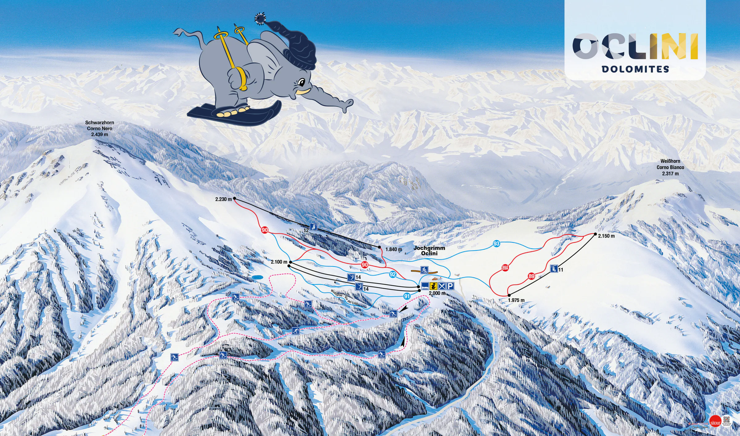 Pistenplan Jochgrimm (Oclini) 2025/26 – Übersichtskarte mit Pisten, Liften und Bergbahnen