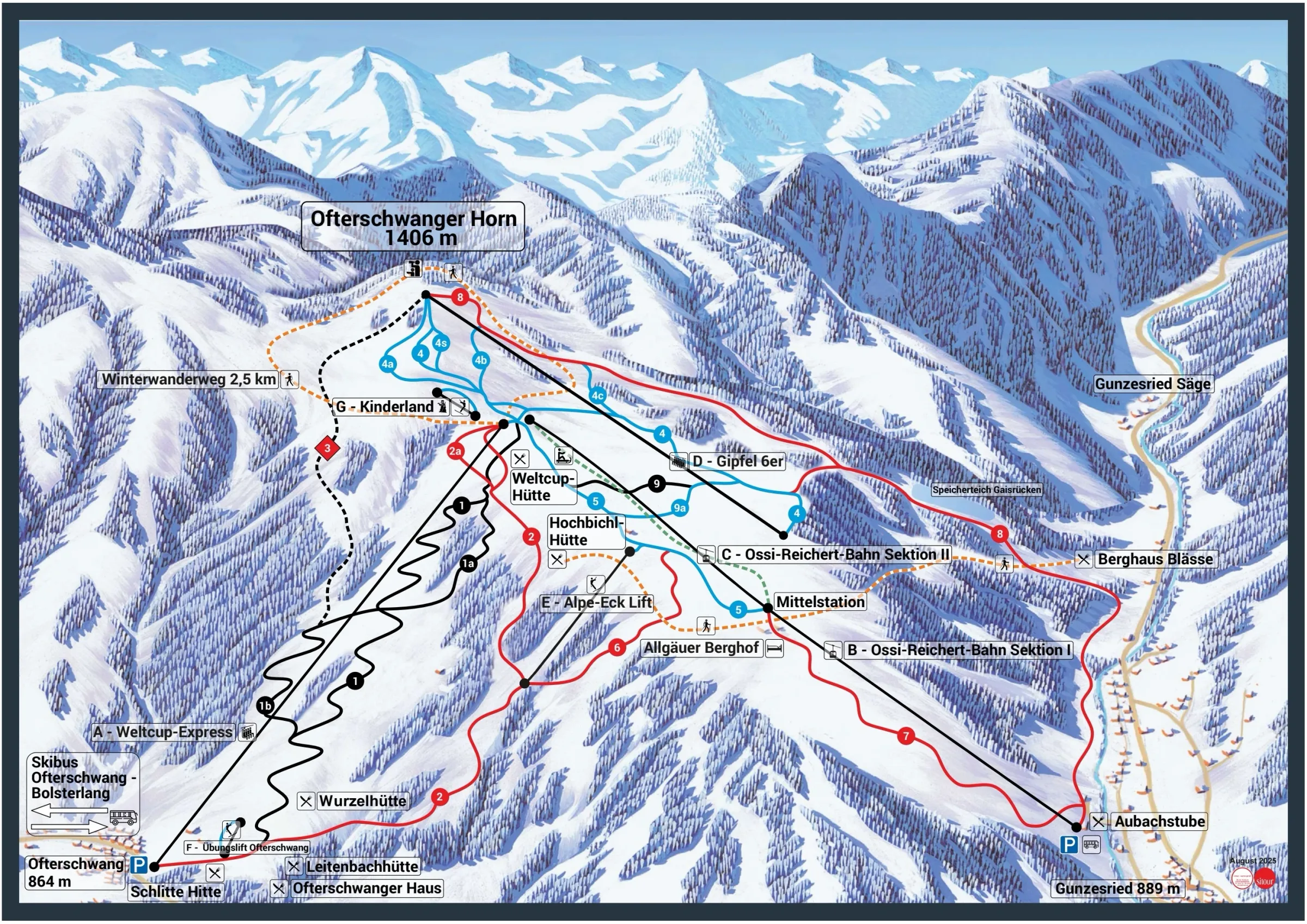 Pistenplan Ofterschwang-Gunzesried 2025/26 – Übersichtskarte mit Pisten, Liften und Bergbahnen