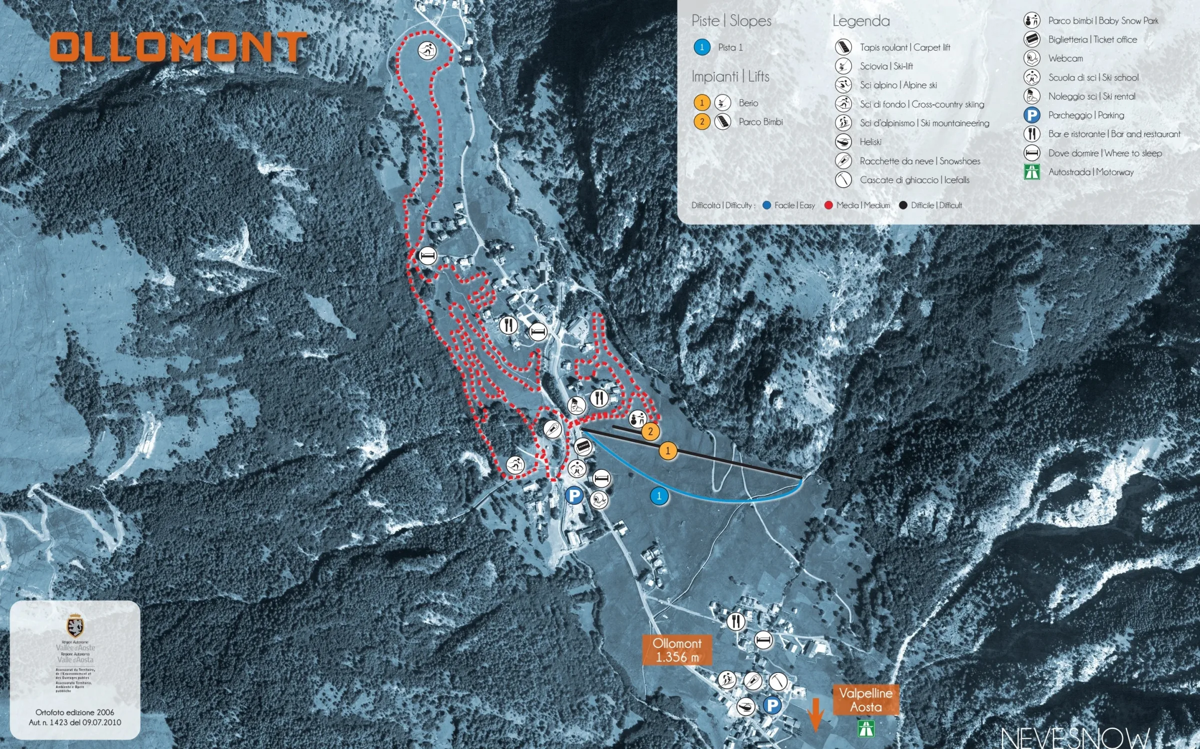 Pistenplan Ollomont 2025/26 – Übersichtskarte mit Pisten, Liften und Bergbahnen
