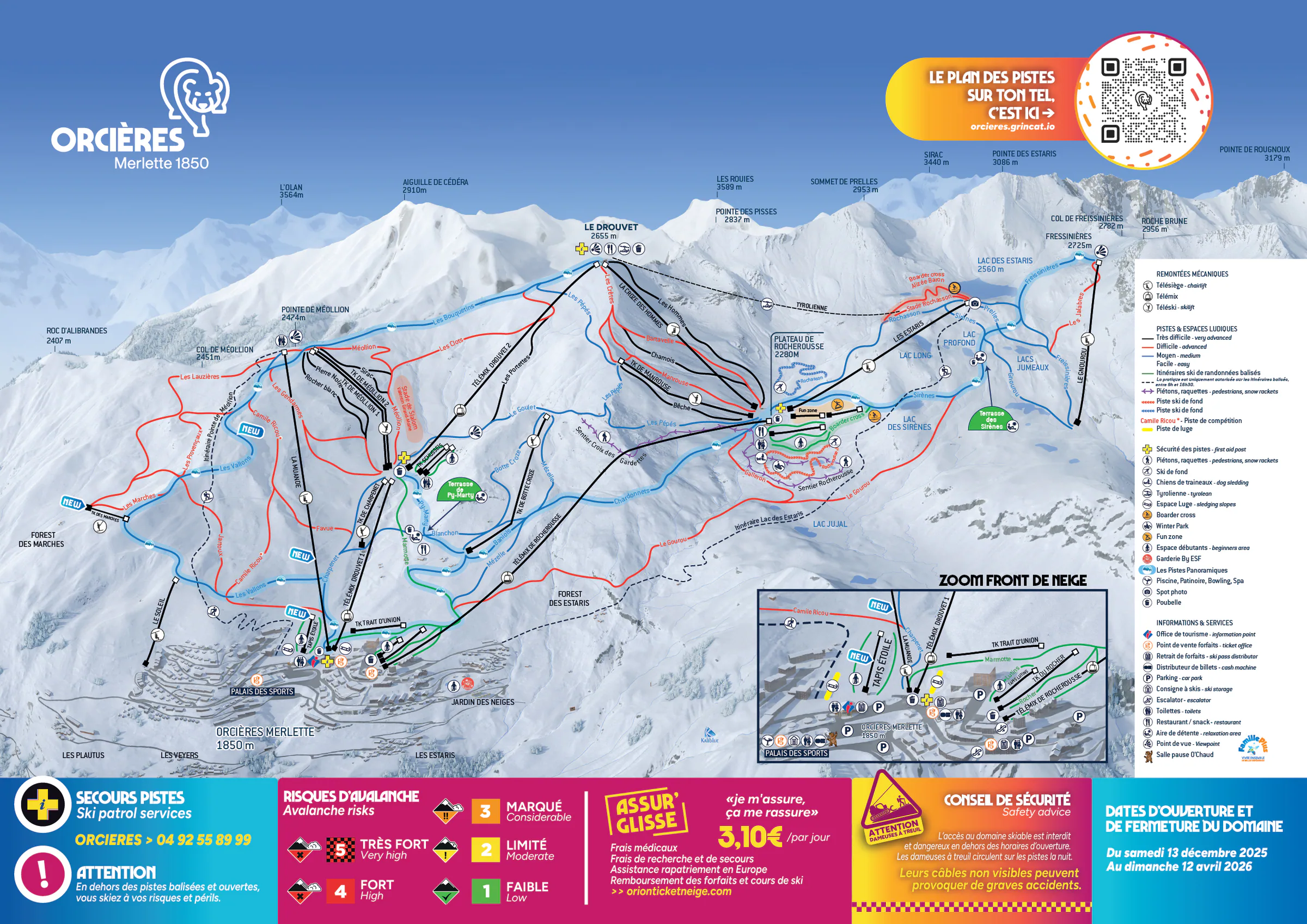 Pistenplan Orcieres Merlette 1850 2025/26 – Übersichtskarte mit Pisten, Liften und Bergbahnen
