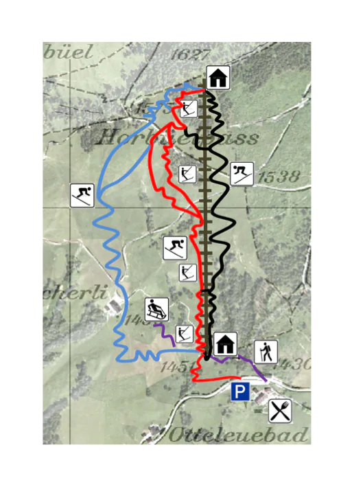 Pistenplan Ottenleue (Gantrisch) 2025/26 – Übersichtskarte mit Pisten, Liften und Bergbahnen