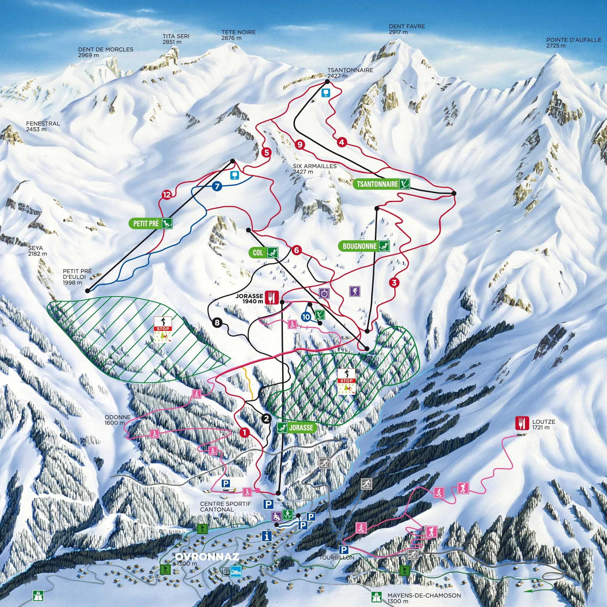Pistenplan Ovronnaz 2025/26 – Übersichtskarte mit Pisten, Liften und Bergbahnen