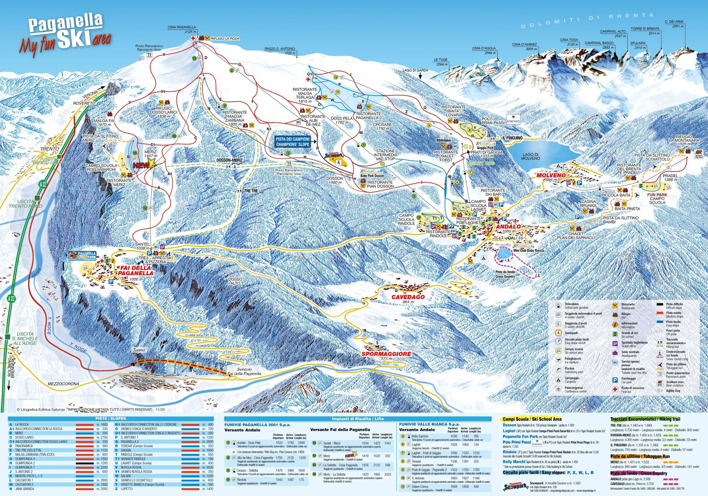 Pistenplan Paganella (Andalo – Fai della Paganella) 2025/26 – Übersichtskarte mit Pisten, Liften und Bergbahnen