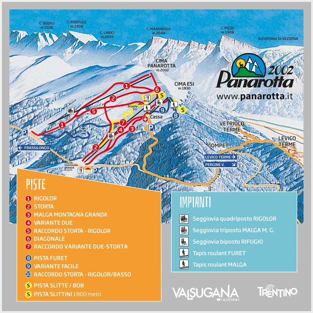 Pistenplan Panarotta 2002 2025/26 – Übersichtskarte mit Pisten, Liften und Bergbahnen