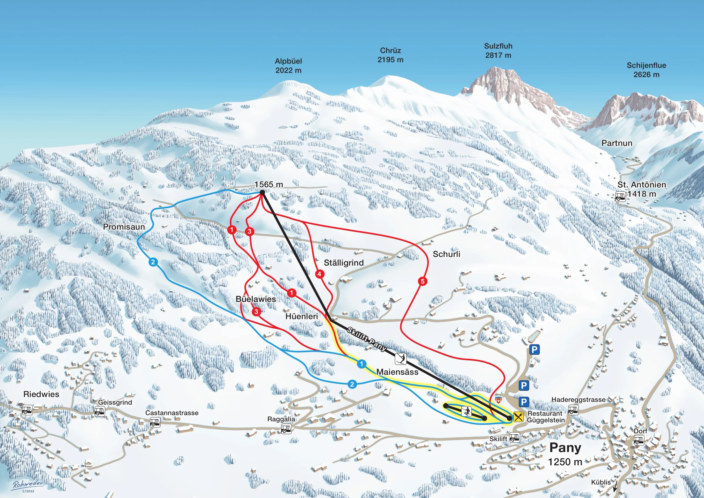 Pistenplan Pany 2025/26 – Übersichtskarte mit Pisten, Liften und Bergbahnen