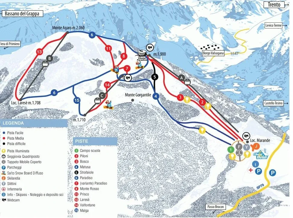 Pistenplan Passo Brocon (Lagorai) 2025/26 – Übersichtskarte mit Pisten, Liften und Bergbahnen