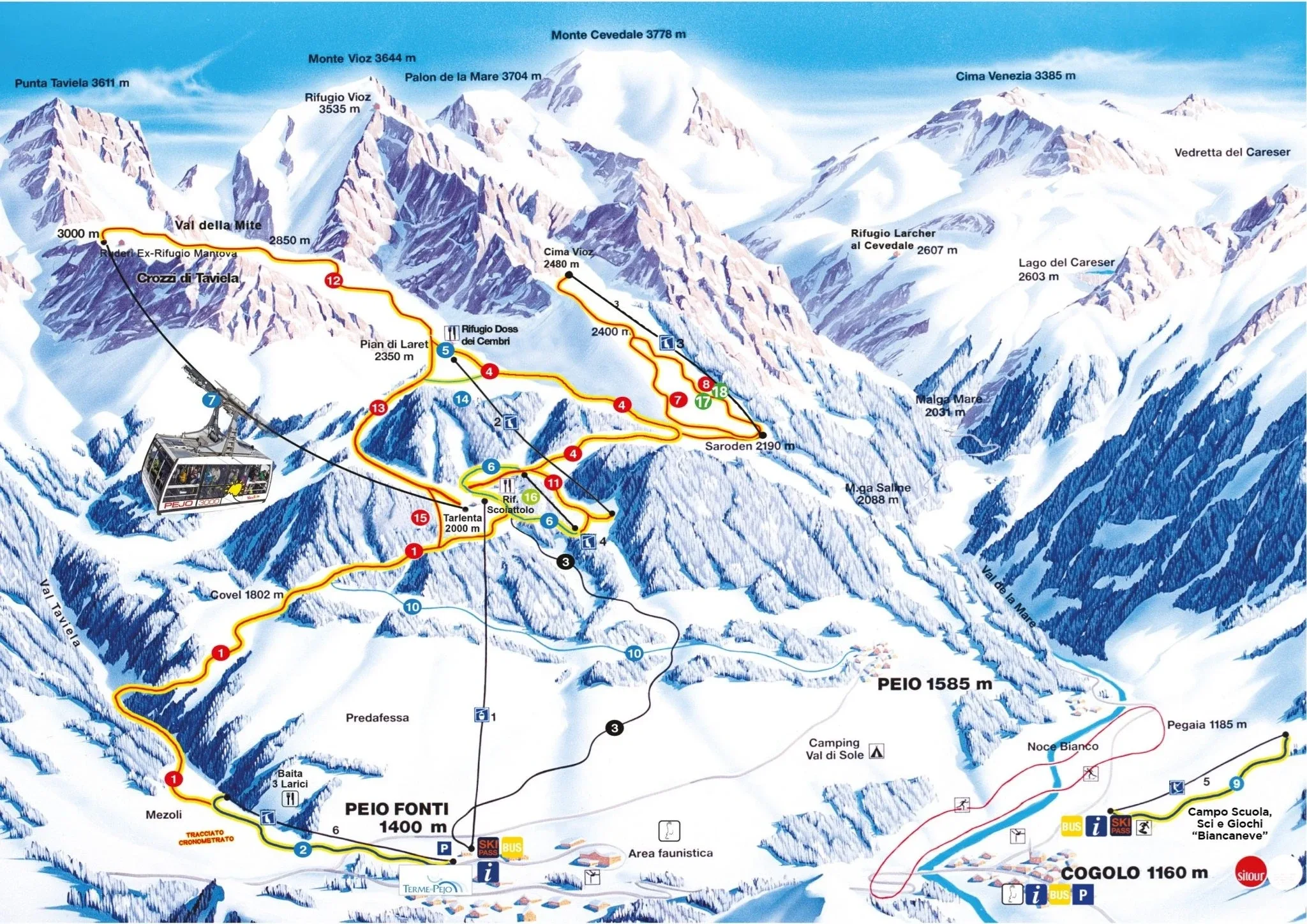 Pistenplan Pejo 3000 2025/26 – Übersichtskarte mit Pisten, Liften und Bergbahnen