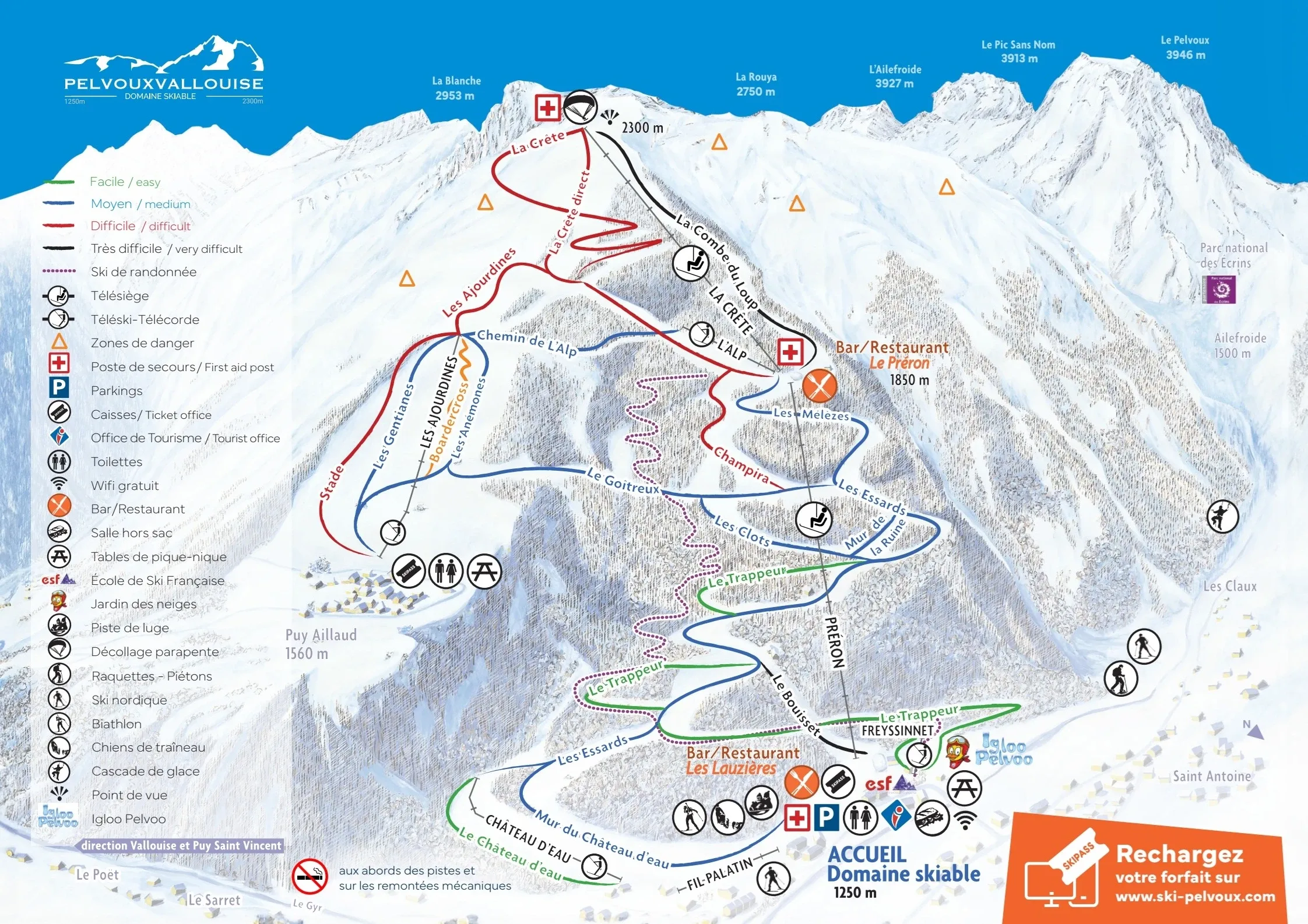 Pistenplan Pelvoux-Vallouise 2025/26 – Übersichtskarte mit Pisten, Liften und Bergbahnen