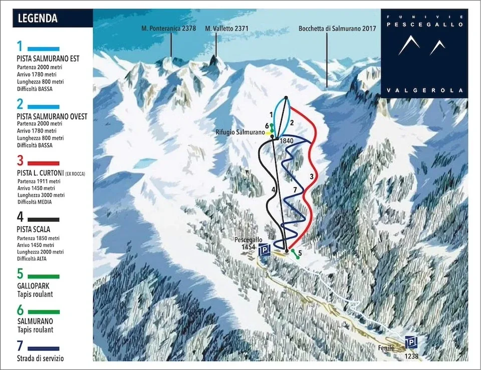 Pistenplan Pescegallo (Val Gerola) 2025/26 – Übersichtskarte mit Pisten, Liften und Bergbahnen
