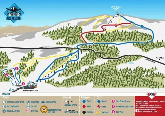 Pistenplan Pian del Poggio - Monte Chiappo 2025/26 – Übersichtskarte mit Pisten, Liften und Bergbahnen