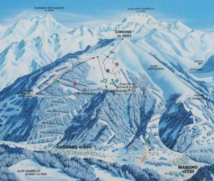 Pistenplan Pian delle Betulle (Margno) 2025/26 – Übersichtskarte mit Pisten, Liften und Bergbahnen
